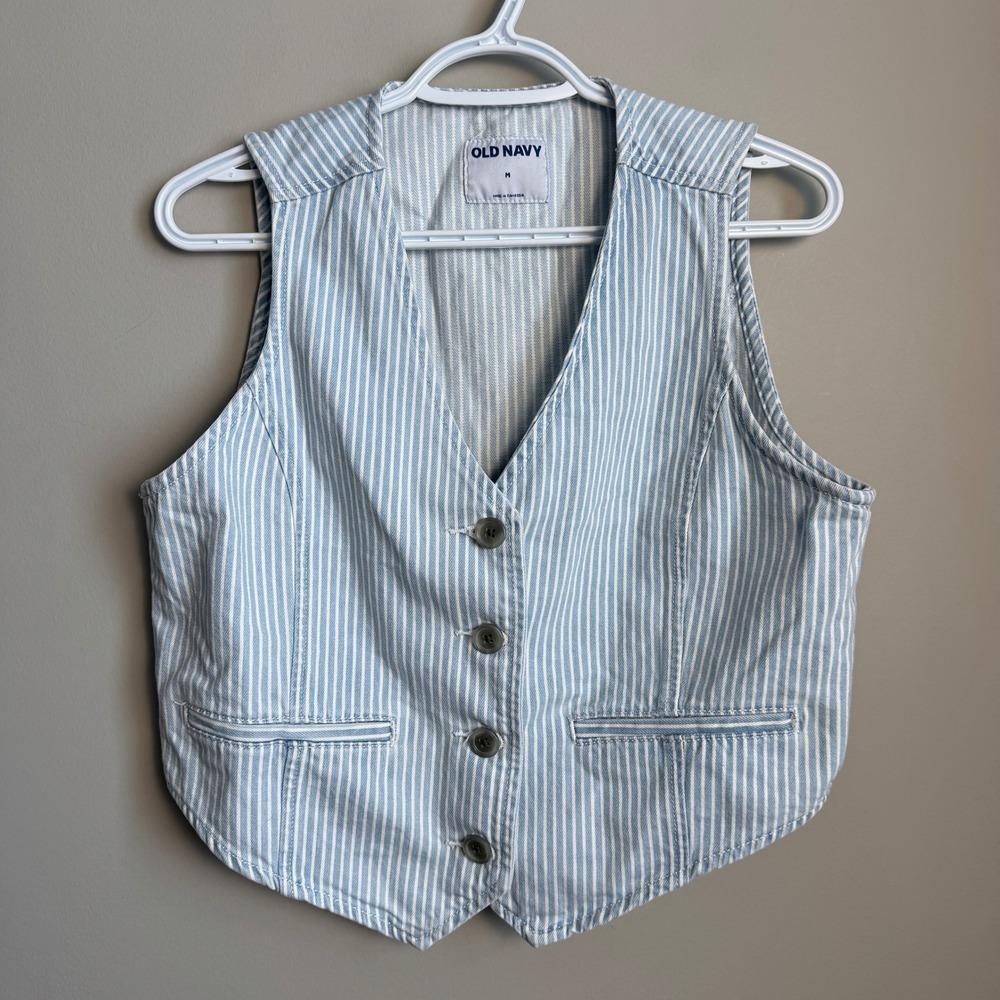 Old Navy Railroad Stripe Drapey Denim V-Neck Vest Blue White Womens Medium M
